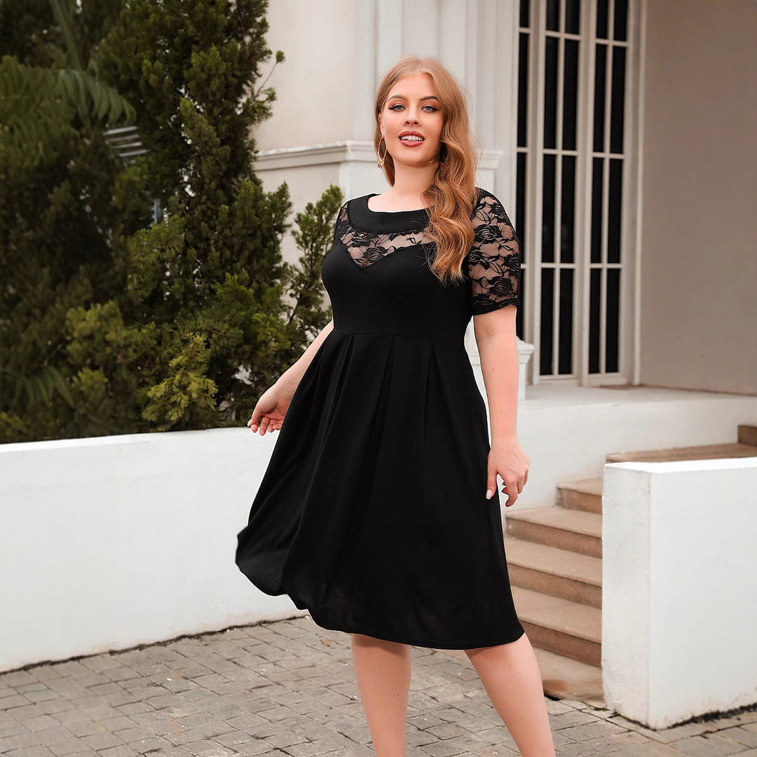 Damen Elegantes Kleid mit Spitzenärmel und schwingendem Rock Drune