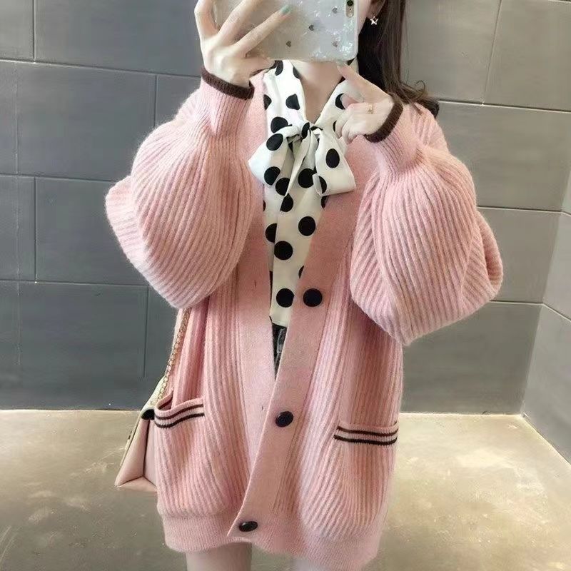 Damen Modische Strickjacke mit hohen Taschen und dekorativen Knöpfen Drune
