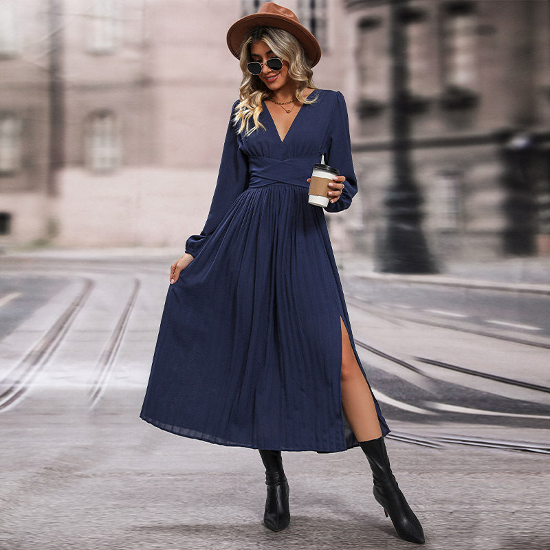 Damen elegantes Maxikleid mit V-Ausschnitt und voluminösen Ärmeln Drune