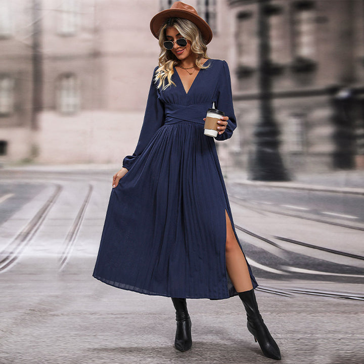 Damen elegantes Maxikleid mit V-Ausschnitt und voluminösen Ärmeln Drune