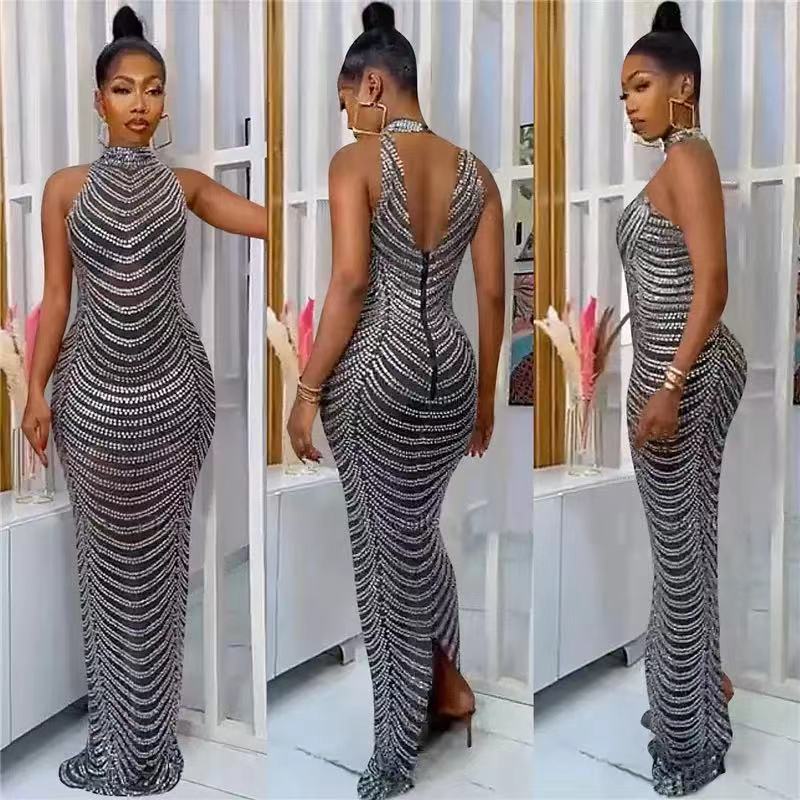Damen Glamouröses Pailletten-Maxikleid mit figurbetontem Schnitt und schickem Rückenausschnitt Drune