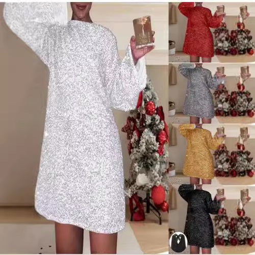 Damen Glitzerndes Minikleid mit weitem Schnitt und langen Ärmeln Drune
