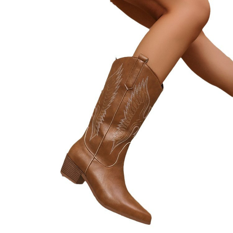 Damen Western-Stiefel mit spitzer Zehenpartie und mittelhohem Blockabsatz Drune