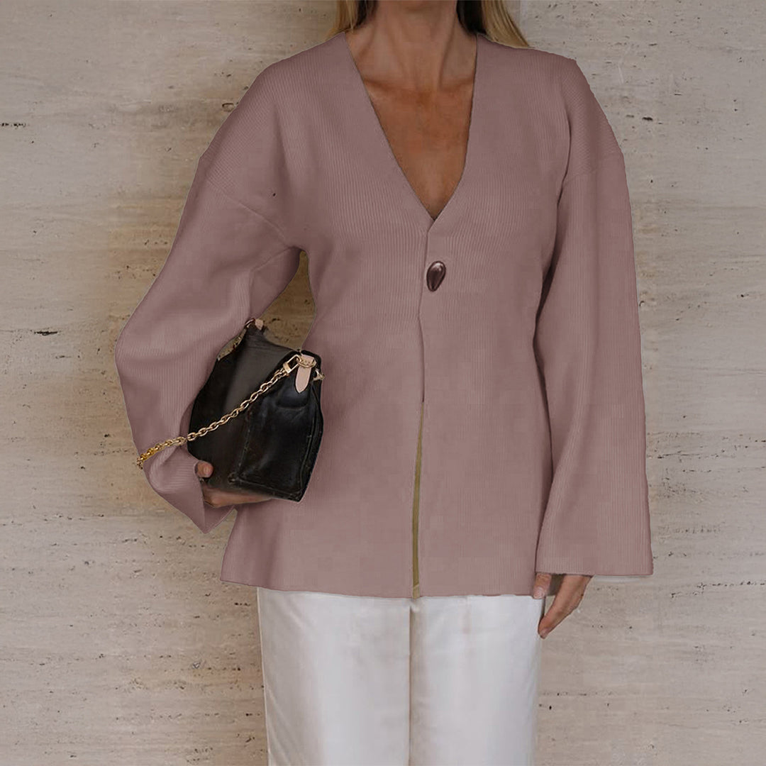 Damen nan taillierter Feinstrick-Cardigan mit V-Ausschnitt, Zierknopf und frontaler Schlitz Drune