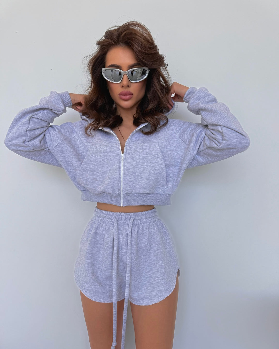 Damen lässiges Hoodie-Set mit Reißverschluss und elastischem Bund Drune