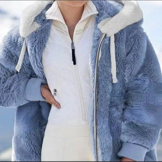 Damen Kuschelige Kunstpelzjacke mit Kapuze Drune