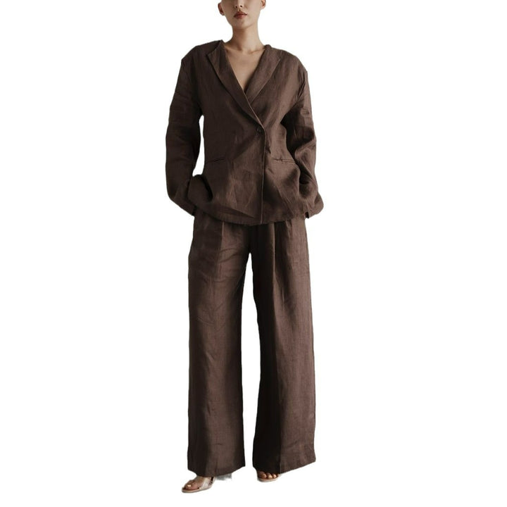 Damen elegantes Leinenanzug-Set mit langärmliger Jacke und weitem Schnitt Drune
