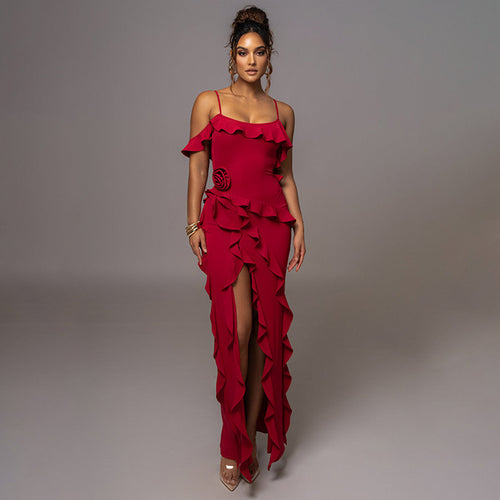 Damen Elegantes Rüschenskleid mit seitlichem Schlitz Drune