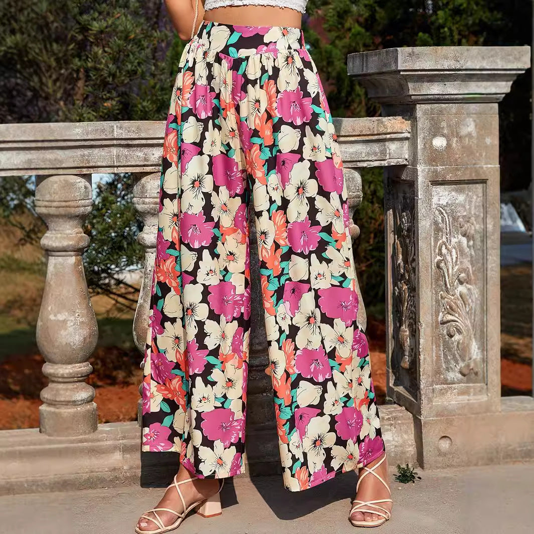 Damen luftige Palazzo-Hose mit buntem Blumenmuster und elastischem Taillenbund Drune