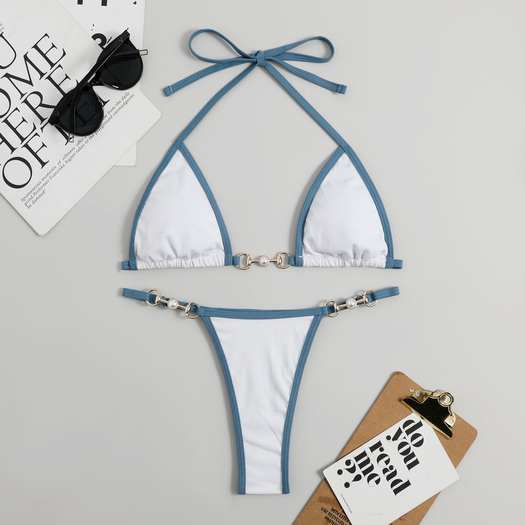 Damen Triangel-Bikini mit modischem Rippdesign und dekorativen Elementen Drune