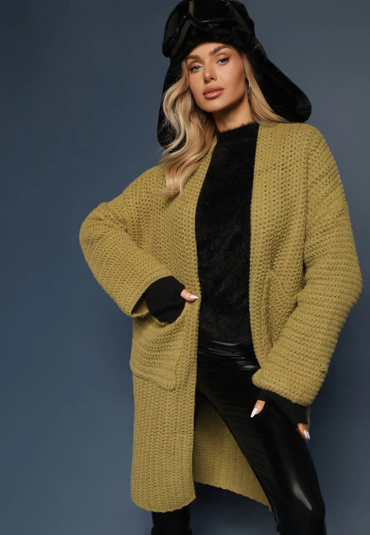 Damen oversized Strickjacke mit tiefem V-Ausschnitt und praktischen Taschen Drune