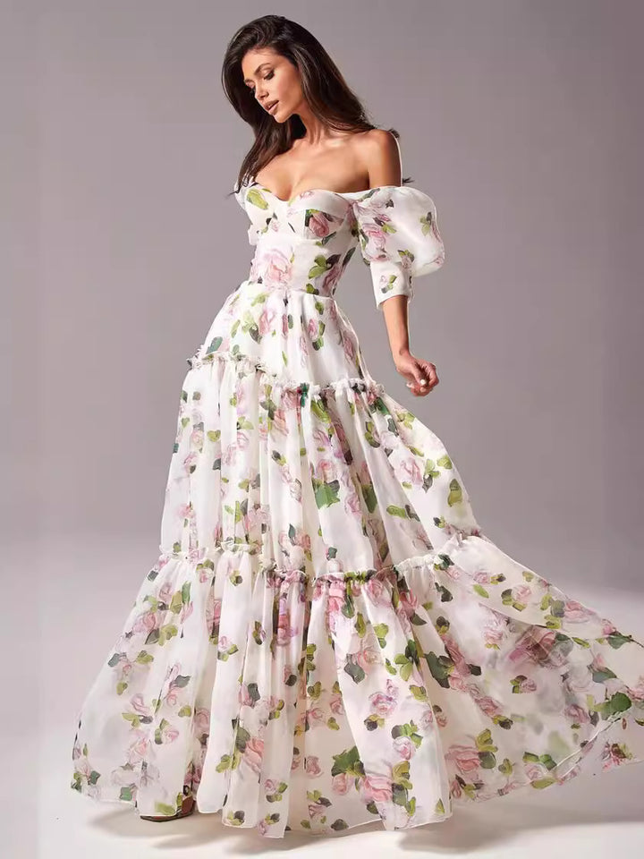 Damen Elegantes Maxikleid mit schulterfreien Rüschenärmeln und floralen Akzenten Drune