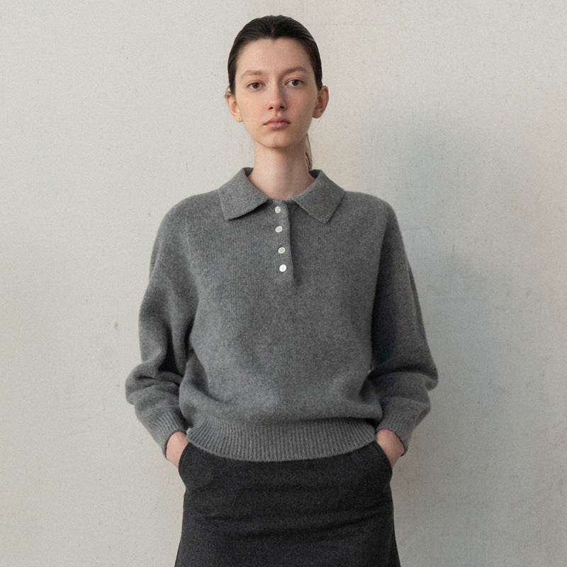 Damen lässiger Pullover mit Polokragen und eleganten Knopfdetails Drune