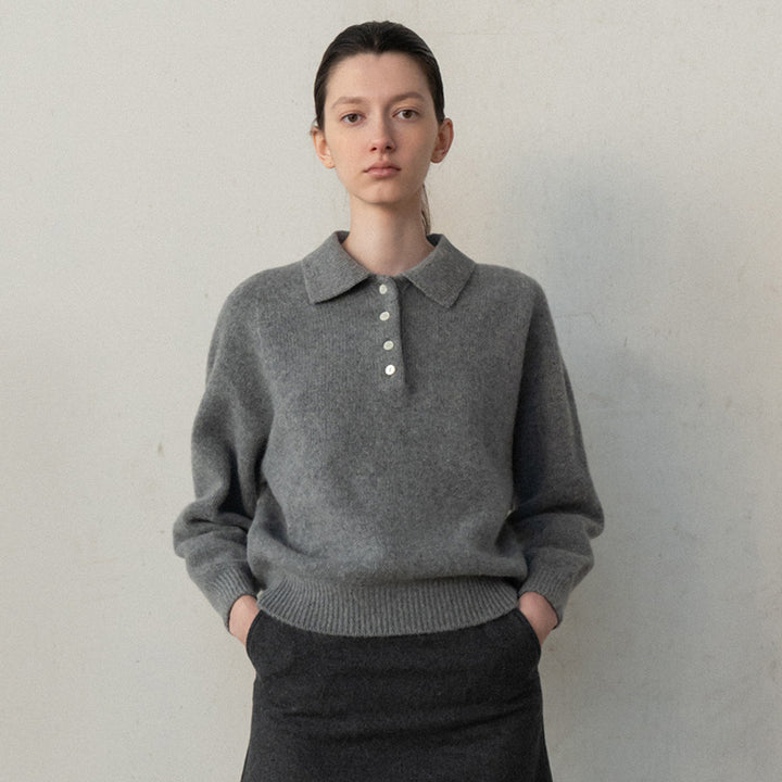 Damen lässiger Pullover mit Polokragen und eleganten Knopfdetails Drune