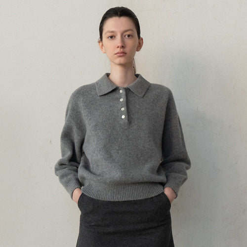 Damen lässiger Pullover mit Polokragen und eleganten Knopfdetails Drune