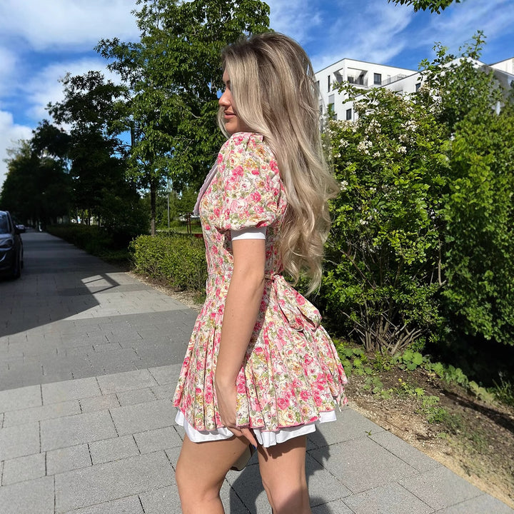 Damen Verspieltes Blumenkleid mit Puffärmeln und Spitzenkragen Drune