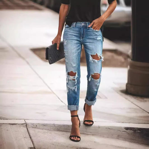 Damen Destroyed Boyfriend Jeans im lässigen Stil mit hohen Rissdetails Drune
