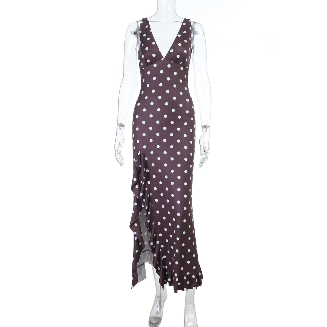 Damen Maxikleid mit eleganten Rüschen und tiefem V-Ausschnitt Drune