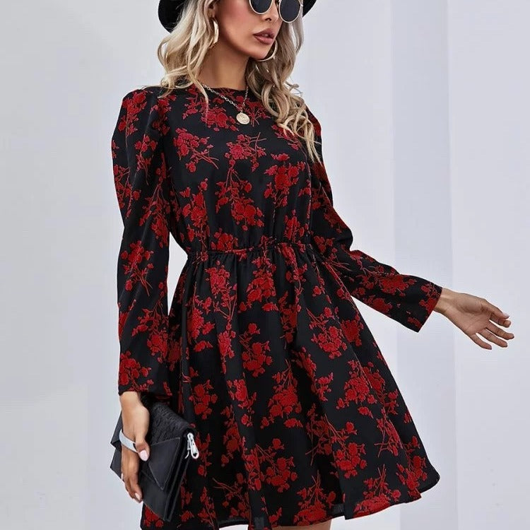 Damen Blümchen-Midikleid mit modischen Puffärmeln und tailliertem Bund Drune