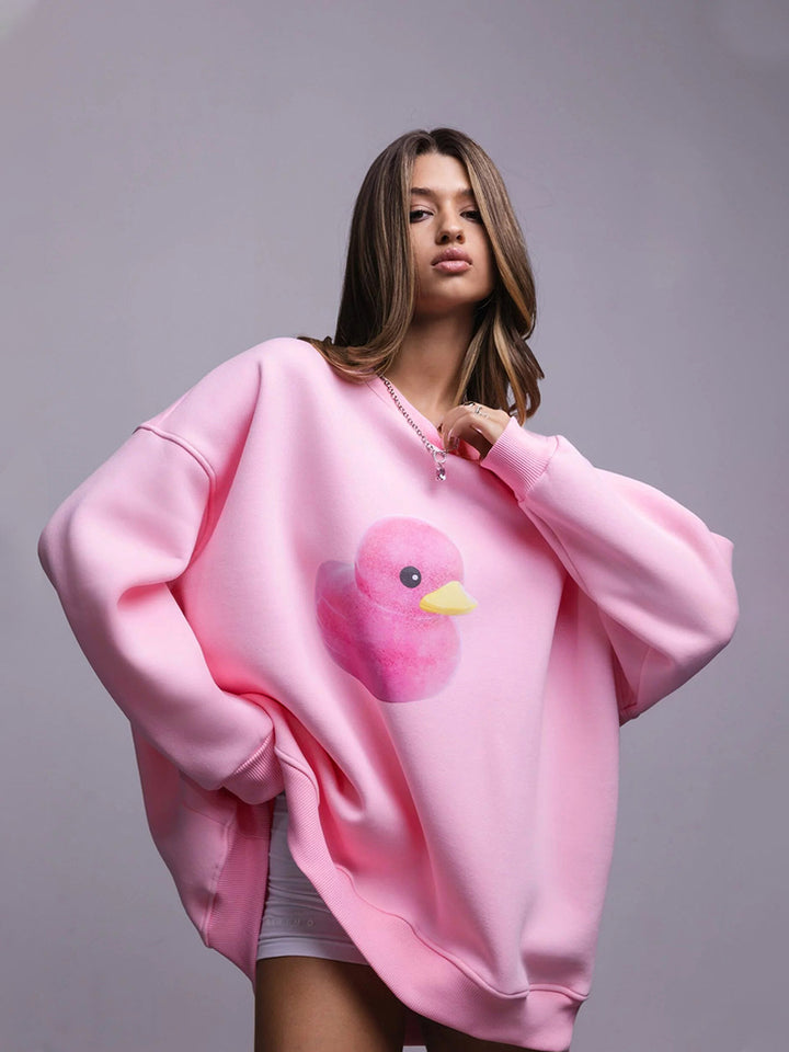 Damen Oversized Sweatshirt mit buntem Entenmotiv Drune