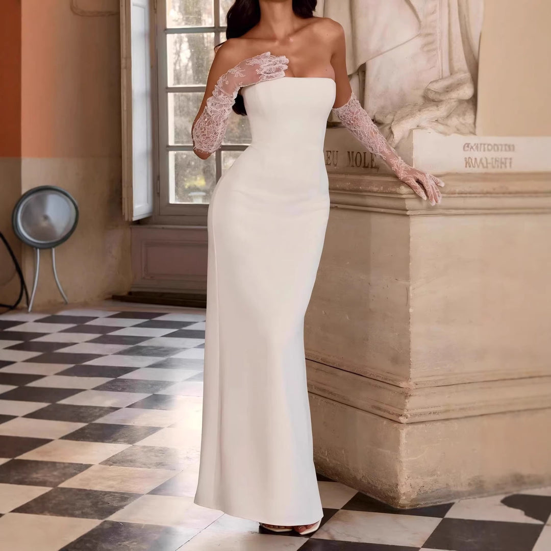 Damen Elegantes Hochzeitskleid mit schulterfreiem Design und Spitzenärmeln Drune