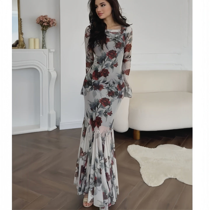 Drune | Blumenmuster Langarm Langrock Kleid