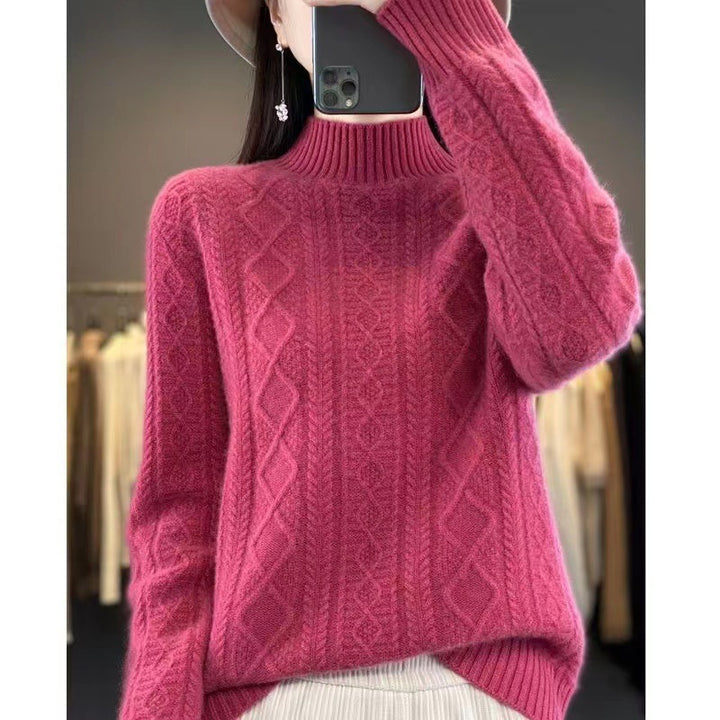 Damen Hochwertiger Strickpullover mit Stehkragen und Zopfdesign Drune