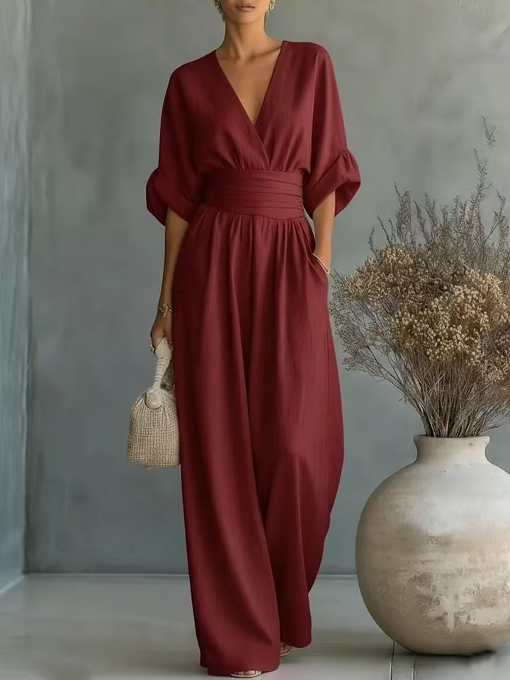 Damen Jumpsuit mit elegantem V-Ausschnitt und weitem Bein Drune