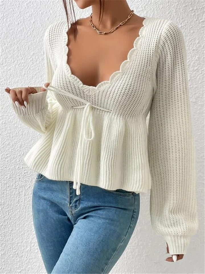 Damen Strickpullover mit dekorativem Rundhalsausschnitt und Kordelzug Drune