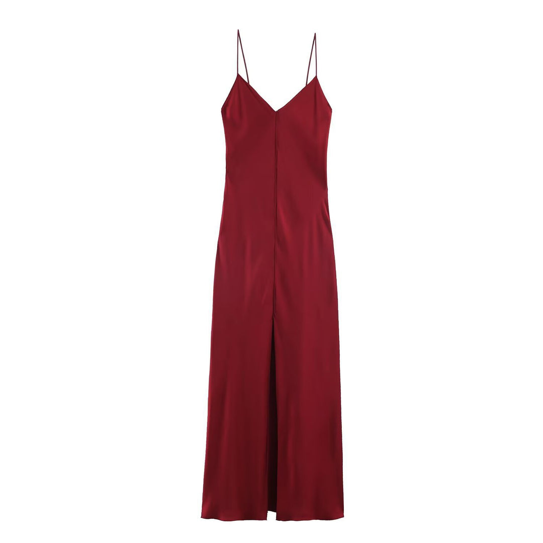 Damen elegantes Maxikleid mit schickem V-Ausschnitt und seitlichem Schlitz Drune