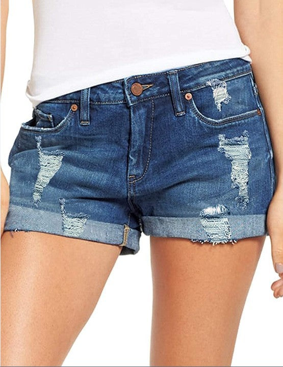 Damen modische Destroyed Denim-Shorts mit umgeschlagenem Saum Drune