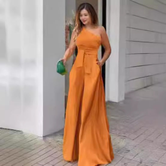 Damen Eleganter Ein-Schulter Jumpsuit mit Gürtel und weitem Bein Drune