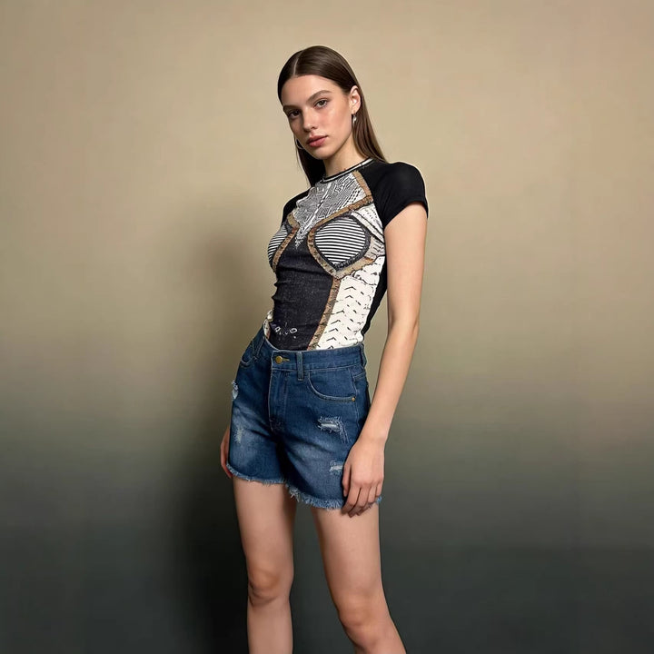 Damen Crop Top und High-Waist Jeans-Shorts Drune