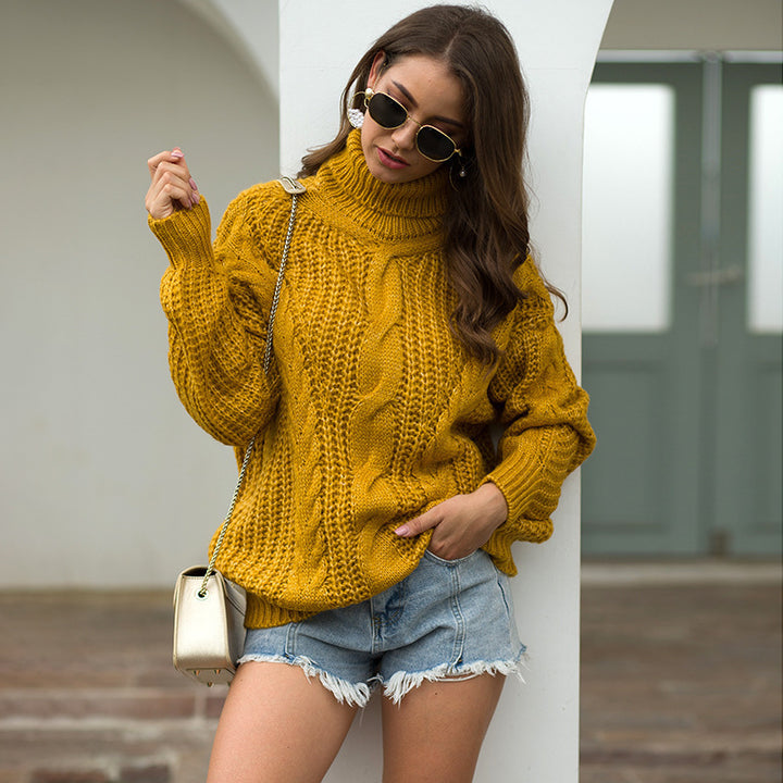 Damen Grobstrick-Pullover mit hohem Kragen und Zopfmuster Drune