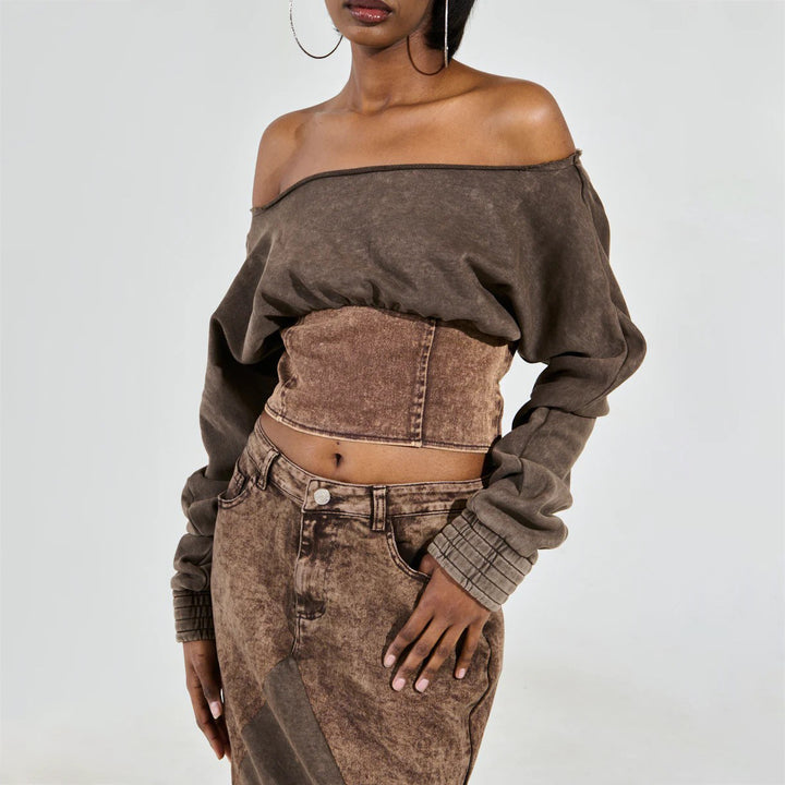 Damen Cropped Sweatshirt mit lässigem Off-Shoulder Design und modischem Bund Drune