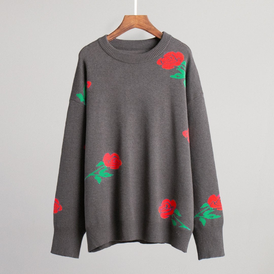 Damen Gemusterter Strickpullover mit floralem Design und lockerer Passform Drune
