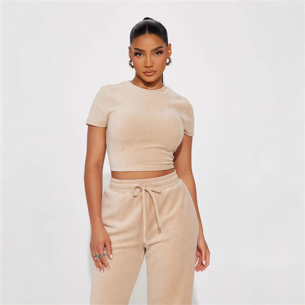 Damen Kuscheliges Fleece-Loungewear-Set mit cropped Oberteil und weiter Hose Drune