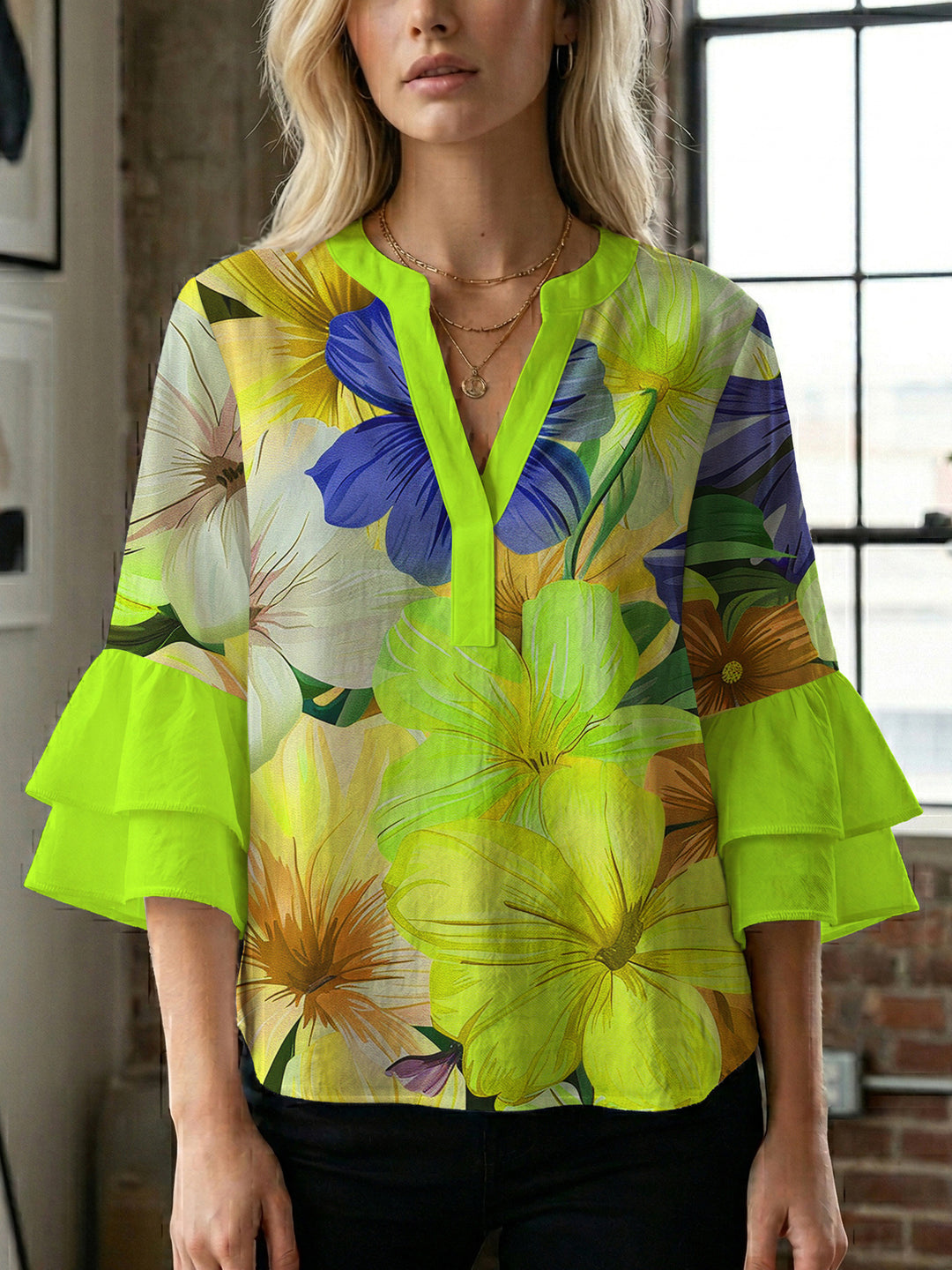 Damen Bluse mit voluminösen Rüschenärmeln und floralem Muster Drune