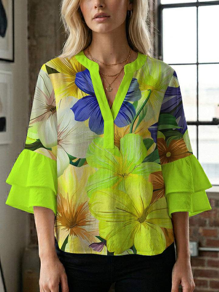 Damen Bluse mit voluminösen Rüschenärmeln und floralem Muster Drune
