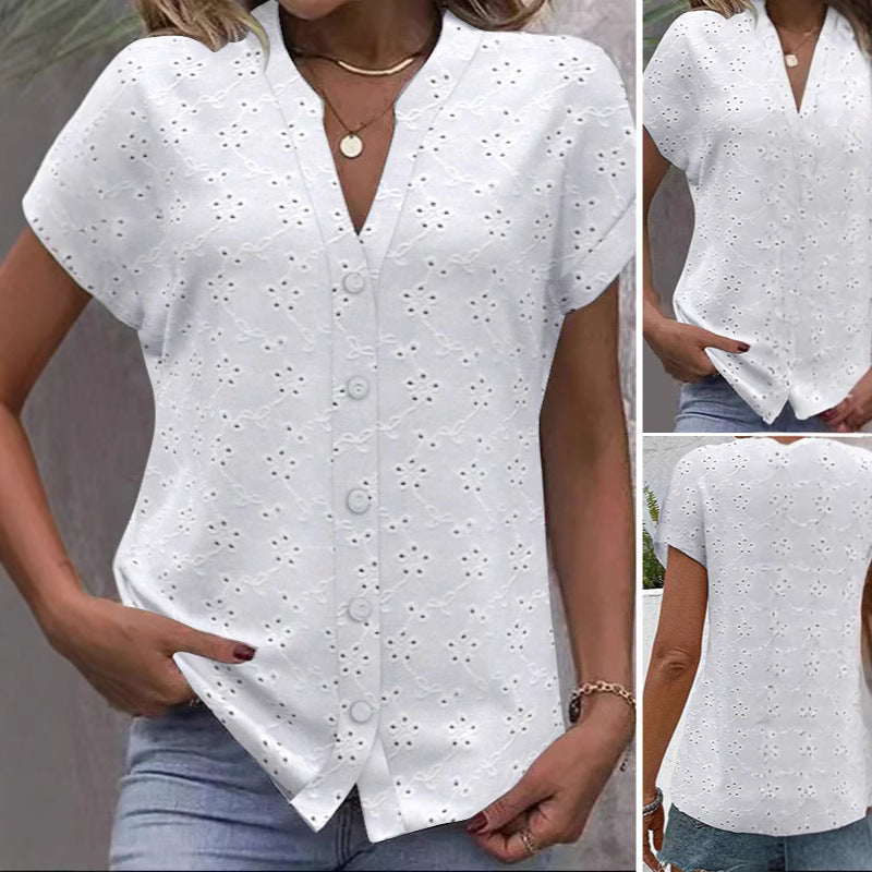 Damen luftige Bluse mit floralen Lochstickereien und durchgehender Knopfleiste Drune