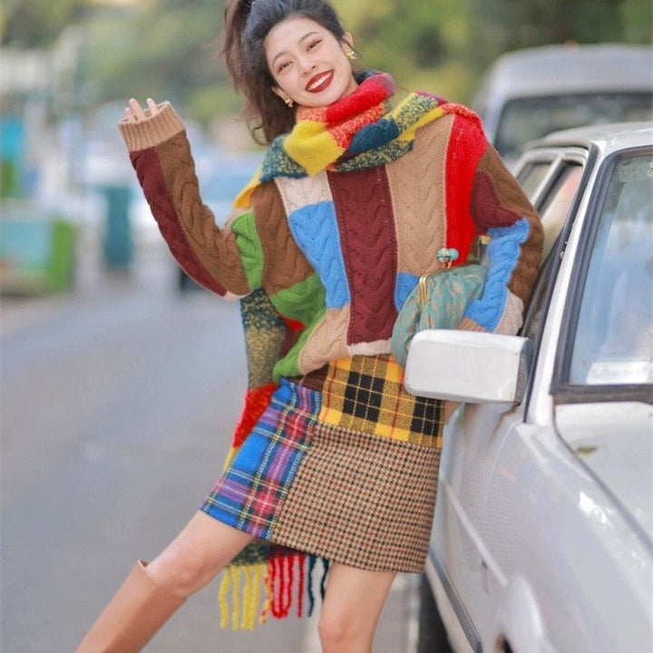 Damen Grobstrickpullover mit buntem Patchwork-Muster Drune