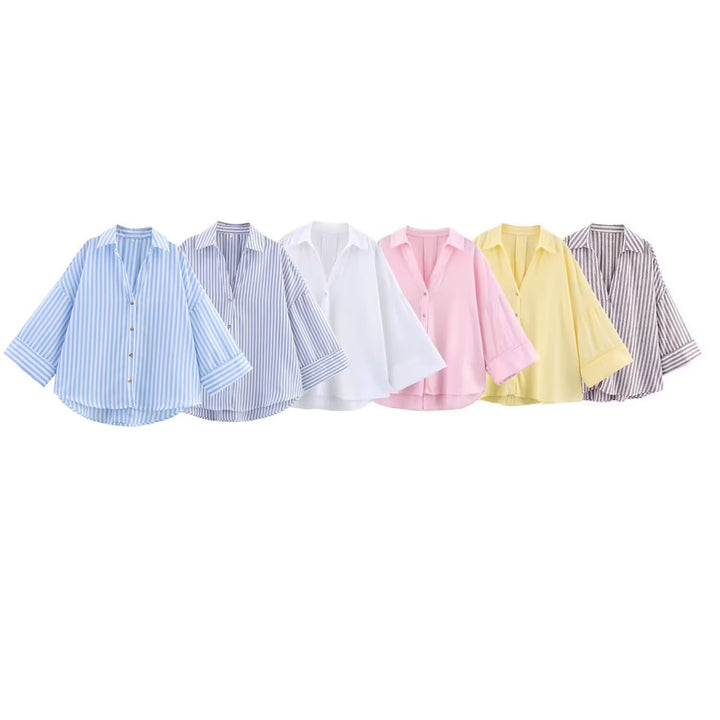 Damen nan oversized Streifen-Hemdbluse mit überschnittener Schulter, 3/4-Ärmel und verlängertem Rückensaum Drune