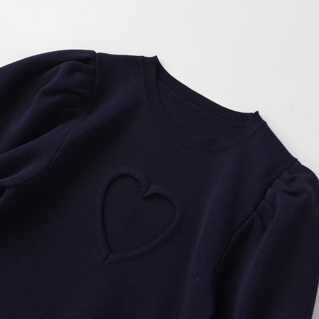 Damen Baumwollpullover mit herzförmigem Ausschnitt und modischen Puffärmeln Drune