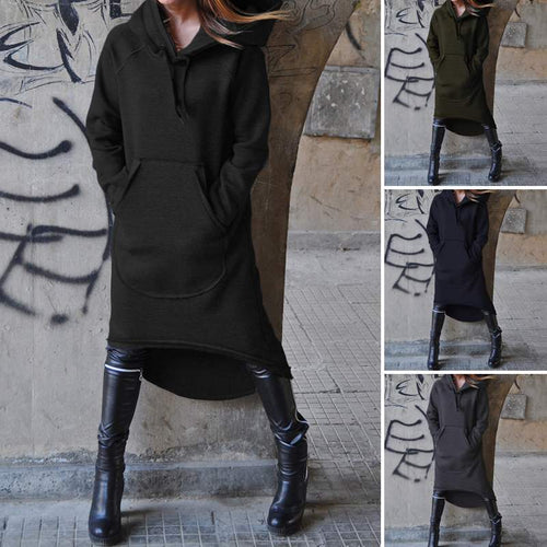 Damen nan Oversize Kapuzenkleid mit hohem Rückensaum, Kängurutasche und lässigem Streetstyle-Schnitt Drune