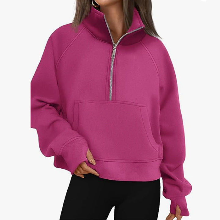 Damen nan kurzer Halfzip-Sweater mit hohem Stehkragen, Kängurutasche und verlängerten Daumenlöchern Drune