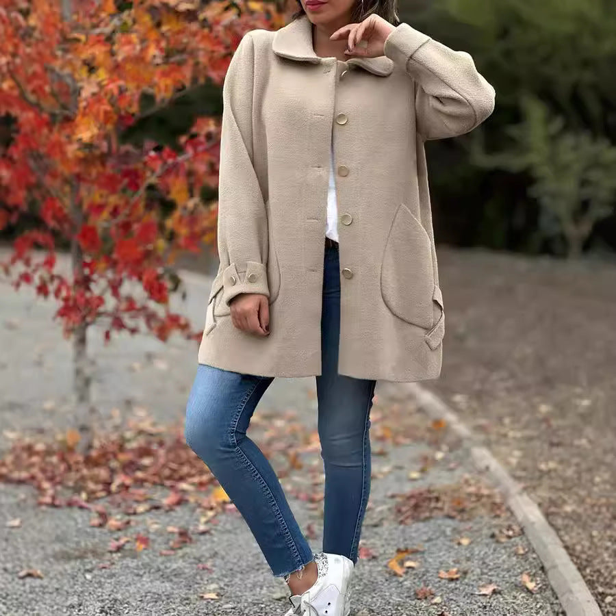Damen gemütlicher Oversized-Mantel mit großen Taschen und Knopfdetails Drune
