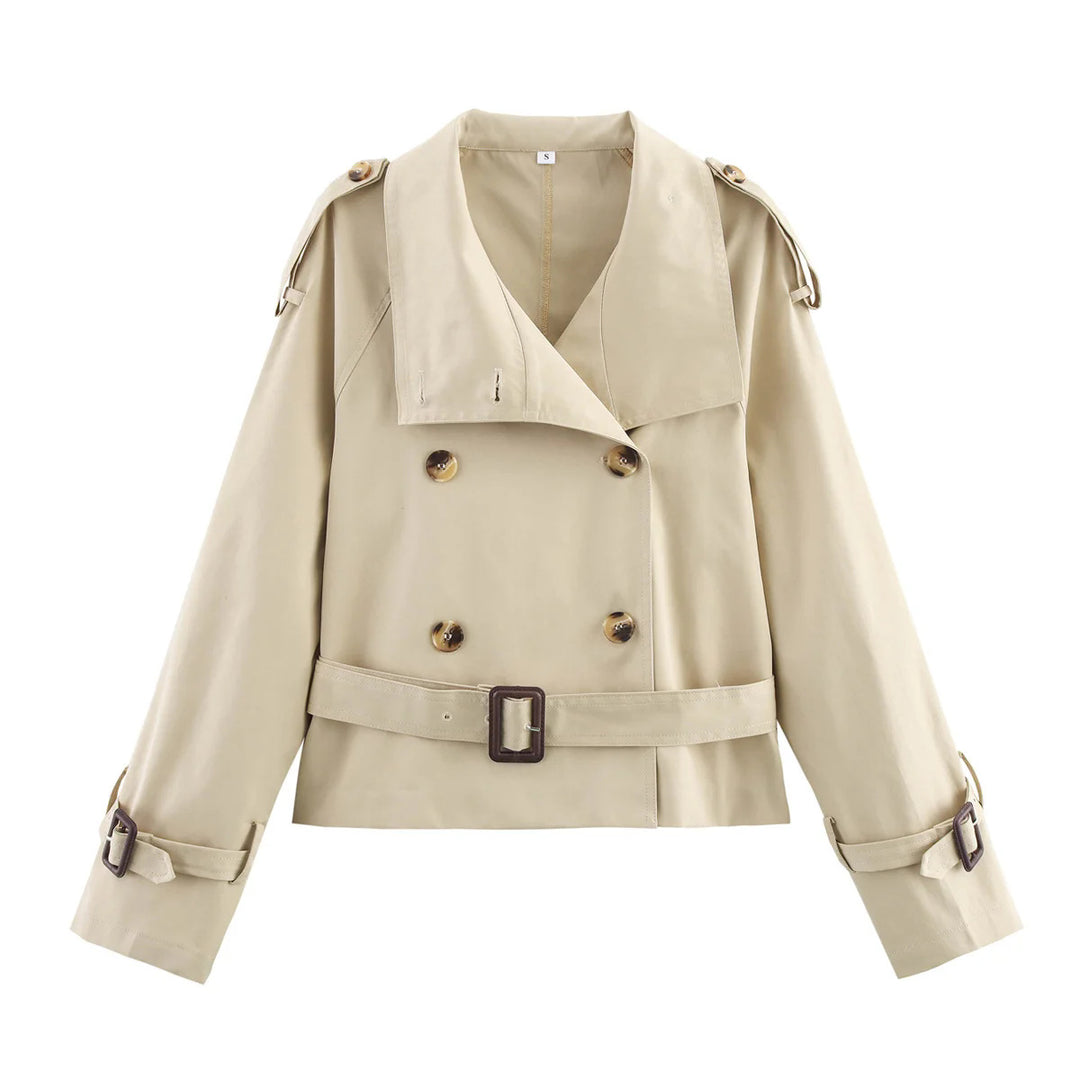 Damen modische Trenchjacke mit einzigartigen Knopfdetails und modernem Gürtel Drune