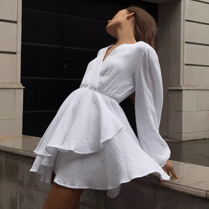 Damen Wickelkleid mit voluminösen Ärmeln und schwingendem Saum Drune