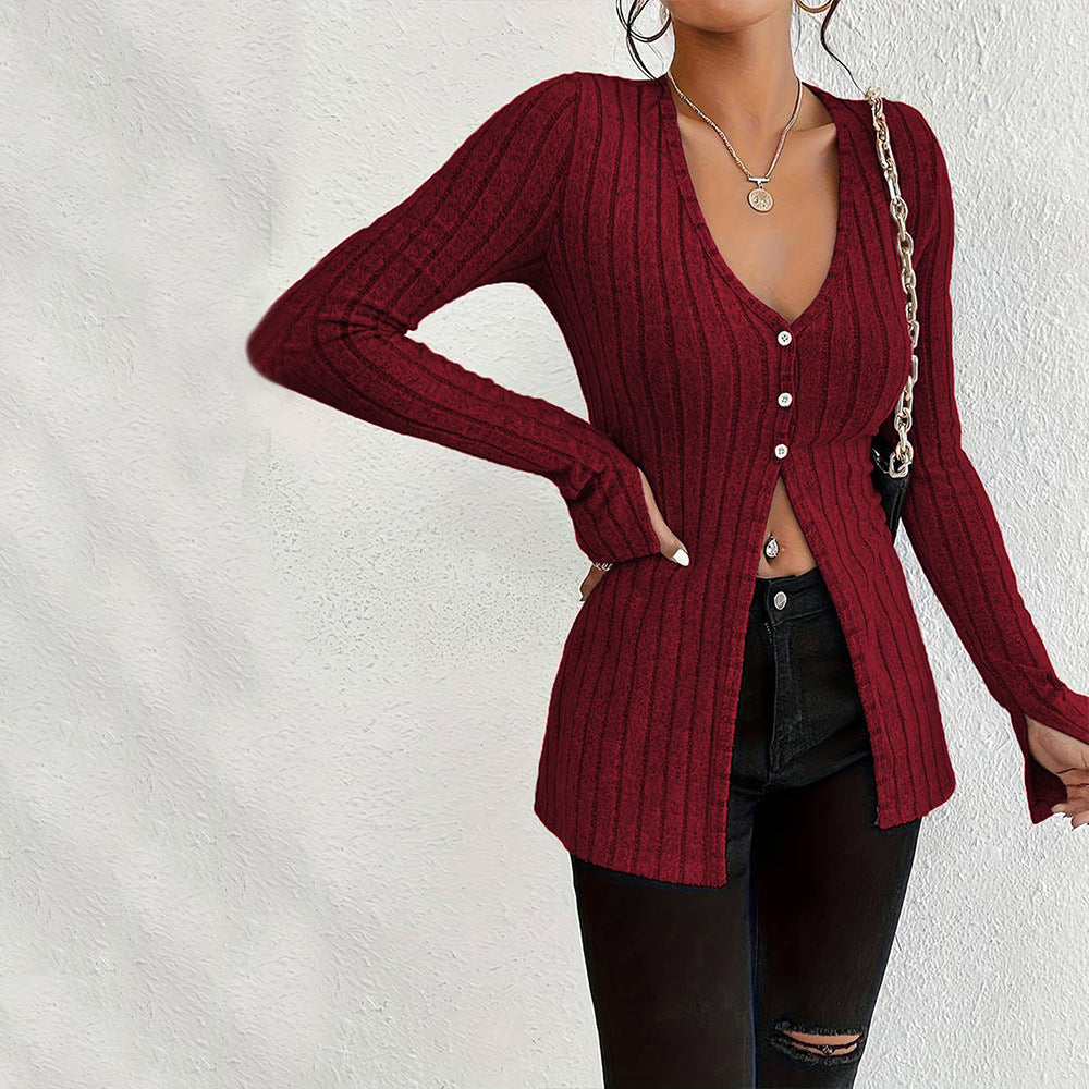 Damen Langarm Cardigan mit feiner Rippstruktur und eleganten Knopfdetails Drune