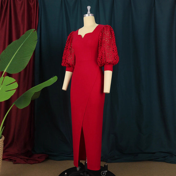 Damen elegantes Maxi-Kleid mit extravaganten Puffärmeln und schickem Schlitz Drune